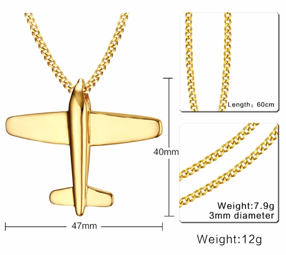 Mens Necklaces Pendants Stainless Steel Gold Tone Airplane Pendant Necklace for Men Boys Choker Jewelry 16