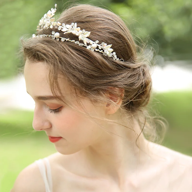 SLBRIDAL Серебряные стразы кристалл натуральным жемчугом свадебное украшение на голову для волос лоза аксессуары для волос подружки невесты Для женщин ювелирные изделия