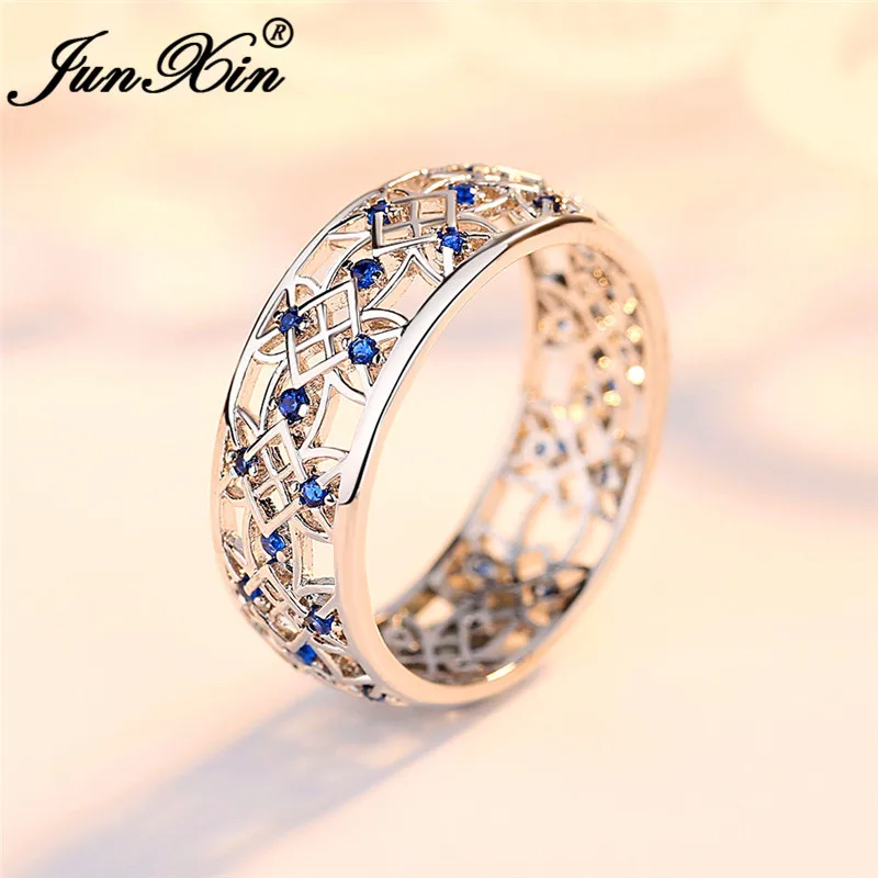 Boho кольца с синим камнем для мужчин и женщин Серебряное пустотелое кольцо в форме цветка обручальные кольца женские мужские циркониевые обещание на помолвку кольцо
