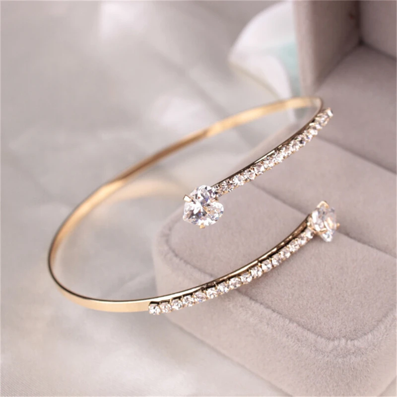 

ROMAD Adjustable Bangle Bracelet Cubic Zirconia Charm Bangles Heart Crystal Rhinestone Women Girl Party Birthday Gift Jewelry R3