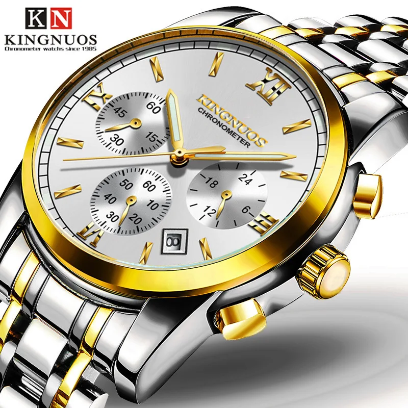 

Famous Brand KINGNUOS Mens Watch Luxury Stainless Steel Waterproof Calendar Watch Male Luminous Clock Military Sports Wristwatch