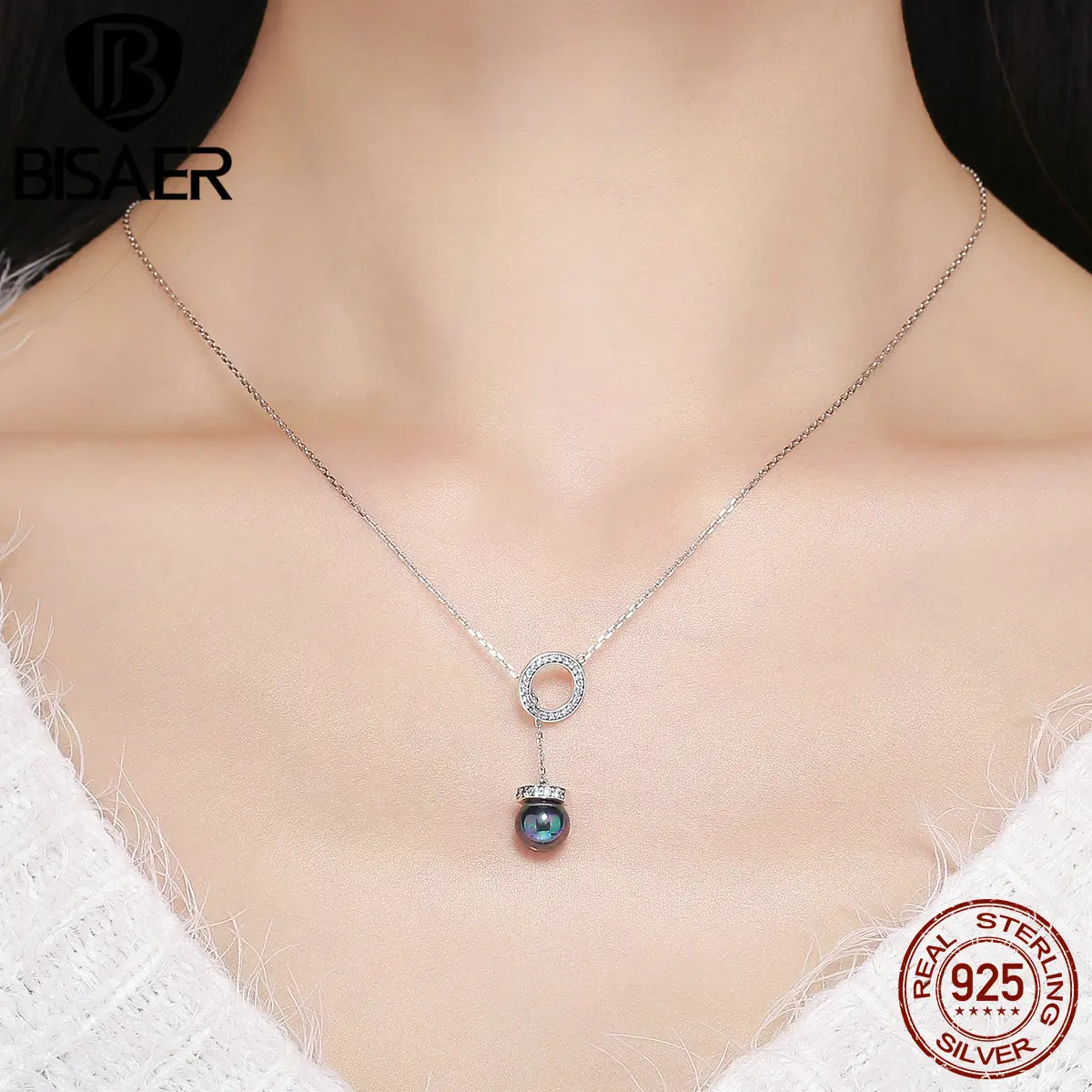 

Authentic 100% 925 Sterling Silver Black Round Pearl Pendant Circle Pendants Necklaces Women Girl Sterling Silver Jewelry