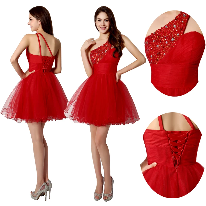 

Sexy One Shoulder Short Graduation Dresses Beading 2015 Fashionable Crystal Red Tulle Homecoming Gowns vestidos de fiesta SD230