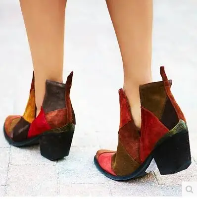 2017 fashion women mixed color ankle boots patchwork leather bota slip on sexy thick heel booties poin toe dress shoes