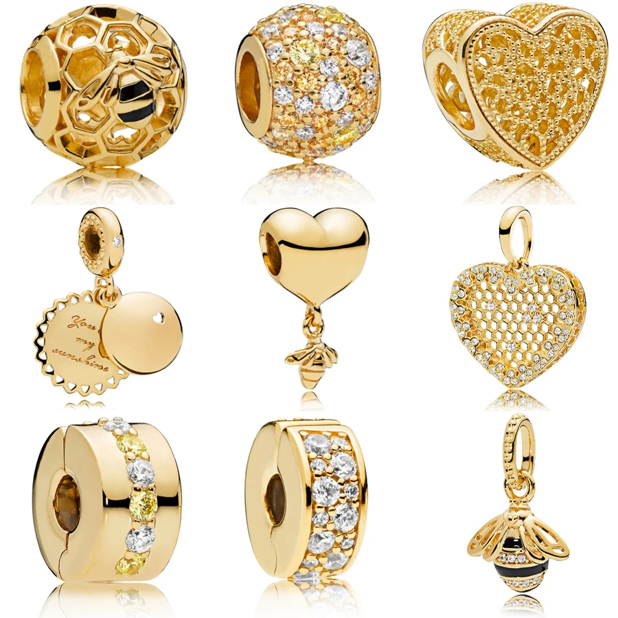 

Spring Bee series Real 925 silver Gold Bee&Honey Sunshine Necklace Pendant Charm Fit Original panqiou Bracelet Bead DIY Jewelry