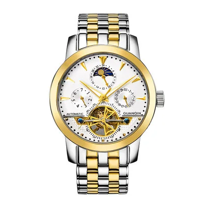 Гарантия 12 месяцев турбийон часы Роскошные Мужские механические часы бренд GUANQIN сапфир Водонепроницаемые 100 м модные мужские часы - Цвет: White gold  steel