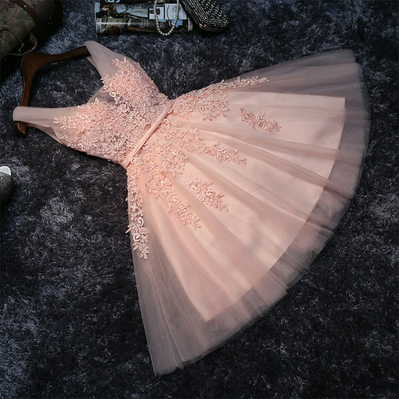 Розовые короткие платья для выпускного вечера для девочек младшего возраста кружева бисером V шеи тюль подростковое выпускное коктейльное платье для вечеринки