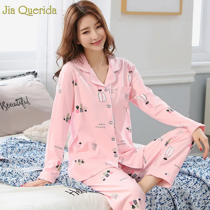 

Pajamas for Women Plus Size Light Pink Cute Design Printing Female Pyjamas Set Long Sleeves Pants Lovely Lady Button Nightwear