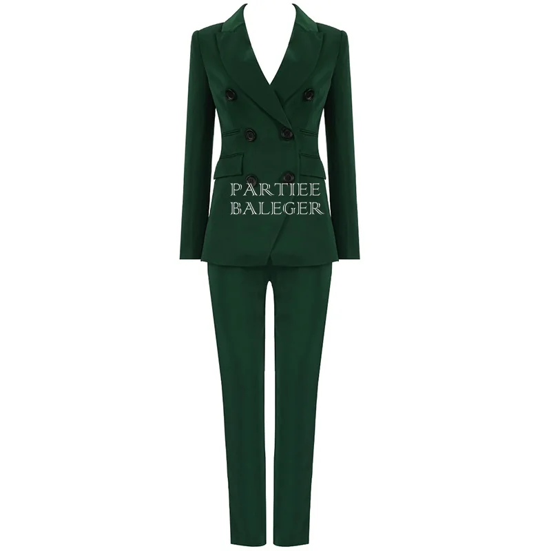 Горячее новое поступление зеленый комплект из двух предметов Turn-Down Воротник Кнопки Дизайн Длинные рукава бандаж знаменитости для вечеринок брюки костюм