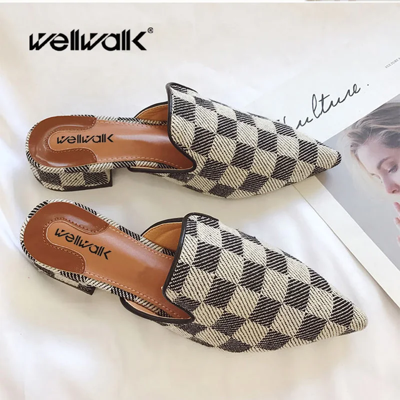 

Fashion Women Slipper 2018 Plaid Women Mules Pointed Toe Women Flat Slides Spring Autumn Women Shoes Ladies Shoes