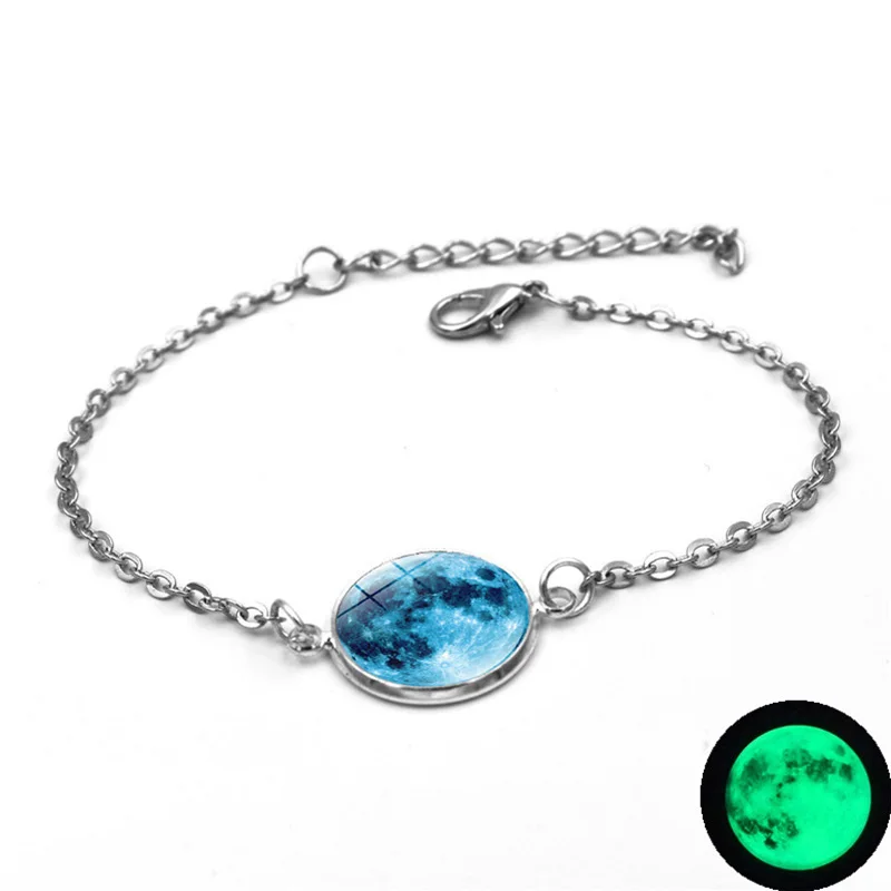 Glow-In-The-Dark-Charms-Bracelet-Glass-Cabochon-Gray-Moon-Luminous-Jewelry-Silver-Chain-Link-Bracelets