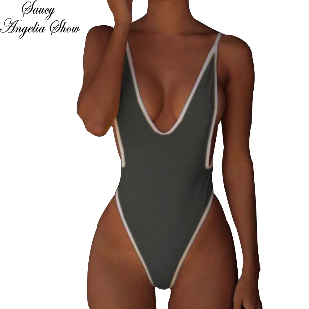 SAUCY ANGELIA Women Swimwear Sexy Gray Strap One Piece Swimsuit High