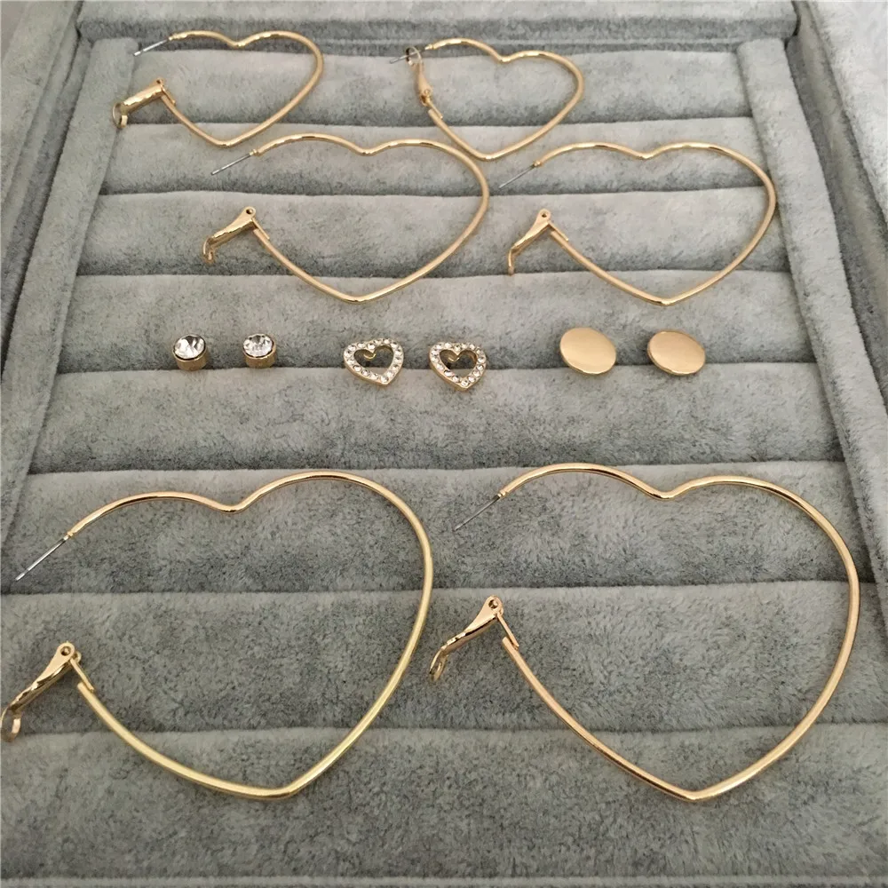 

FASHION JEWELRY CASUAL GOLD COLOR PLATING STONE ROUND DISC HEART SHAPE HOOP 6 PAIR EARRINGS SET