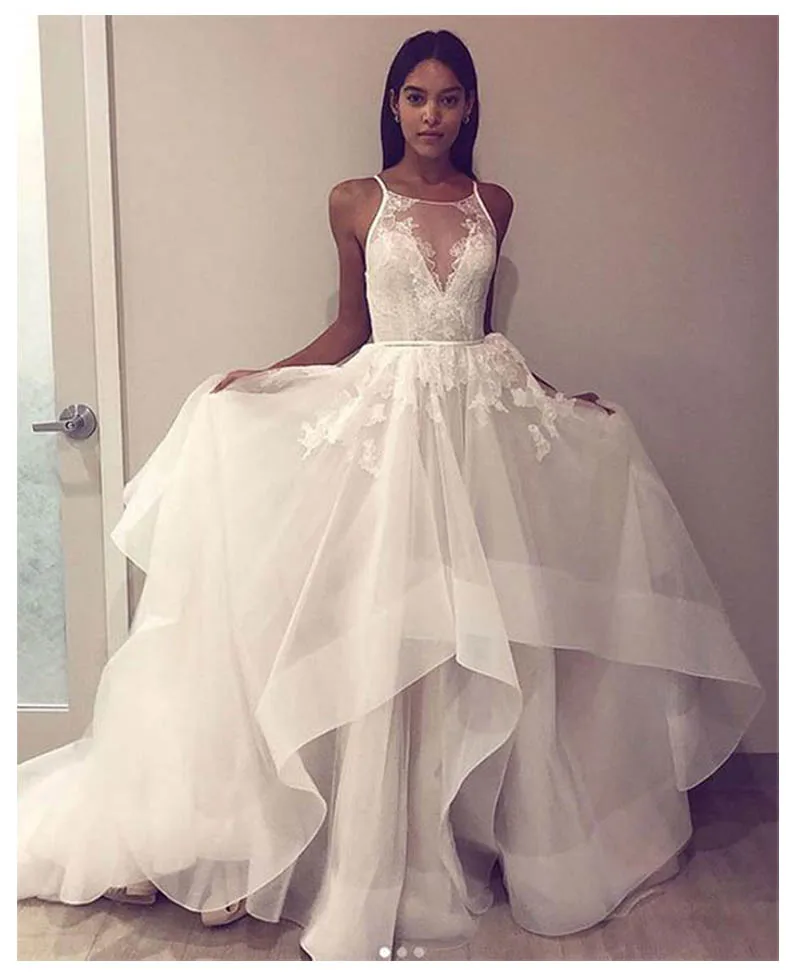 

Beach Lace Elegant Informal Wedding Dresses 2019 Sleeveless Bride Dress Open Back White/Ivory Wedding Gowns