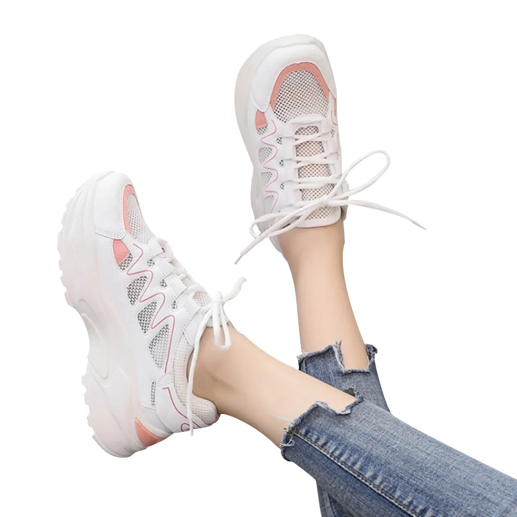 CHAMSGEND/женские кроссовки на толстой подошве, с завязками, сочетающиеся цвета, дышащие сетчатые удобные нескользящие износостойкие кроссовки