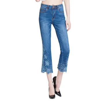 

2017 New Women Flare Jeans Fashion Slim Elastic Fit Denim Female Pencil Embroidery Pants Bell Bottom Jeans Ankle Length Trousers