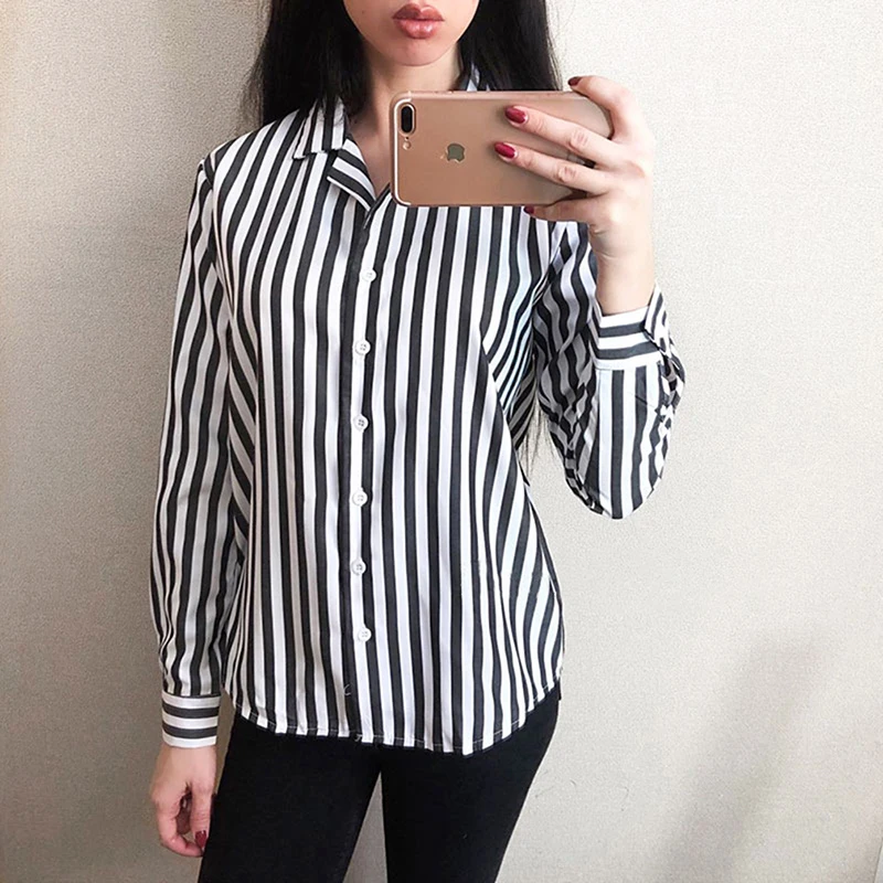 

2019 New Summer Autumn Blouse Striped Turn-Down Long Sleeve Work Wear Shirts Femme Office Lady Tops Blouse Blusas For Business