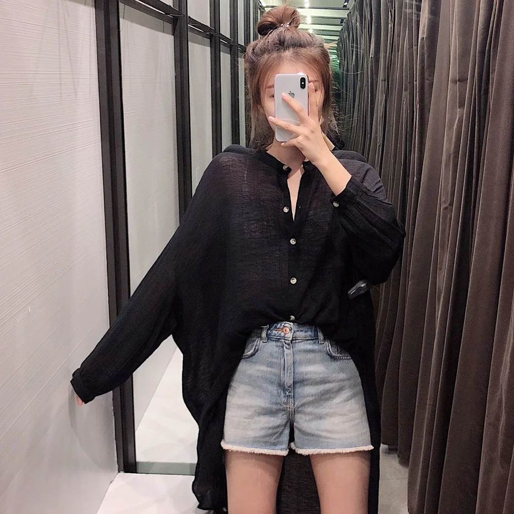 

Half See-through Summer Long Solid Shirt 2019 New Long-sleeved Loose Sunscreen Shirt Black White Thin Casual Sexy Women Blouses