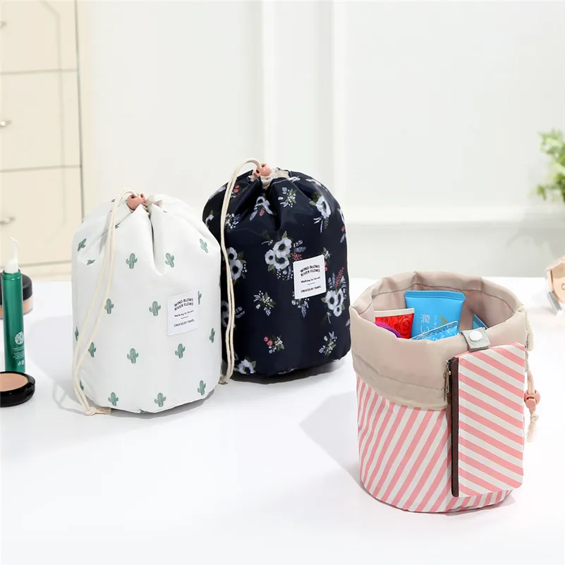 Portable Travel Cosmetic Bag Fresh Colored Drawstring Barrel Shaped Women Cosmetic Bag Ladies Makeu