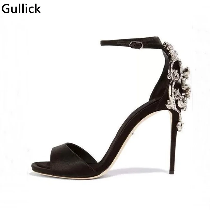 Женские босоножки на шпильке черные вечерние с украшением из кристаллов высоком