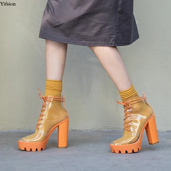 

Olomm Women Transparent Summer Ankle Boots Square High Heels Boots Round Toe 3 Colors Party Shoes Women Shoes US Size 3-9.5