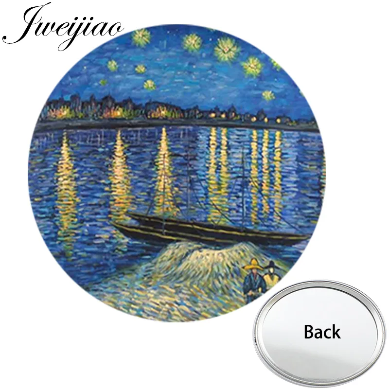 

JWEIJIAO Van Gogh Famous Painting Mini One Side Flat Round Pocket Mirror Starry Night Portable Makeup Vanity Hand Mirrors