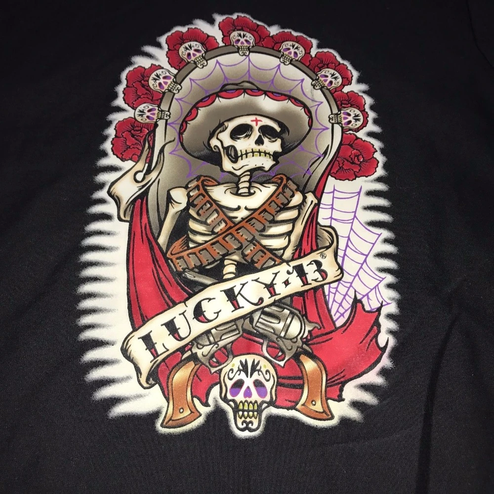 新メンズtシャツ綿ラッキータトゥースケルトンリボルバーオートバイバイカーピットクルーボタンtシャツデザインtシャツスウェットシャツ T Shirts Aliexpress