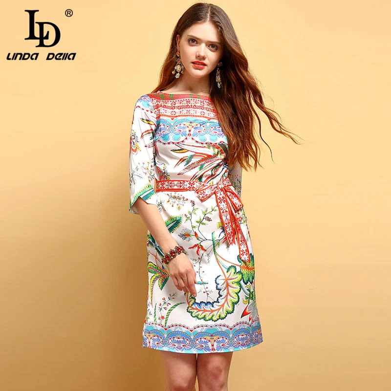 Comprar LD LINDA DELLA 2019 verano moda Vintage de las mujeres vestido de lazo de media manga Floral impreso damas elegantes vacaciones Mini vestidos