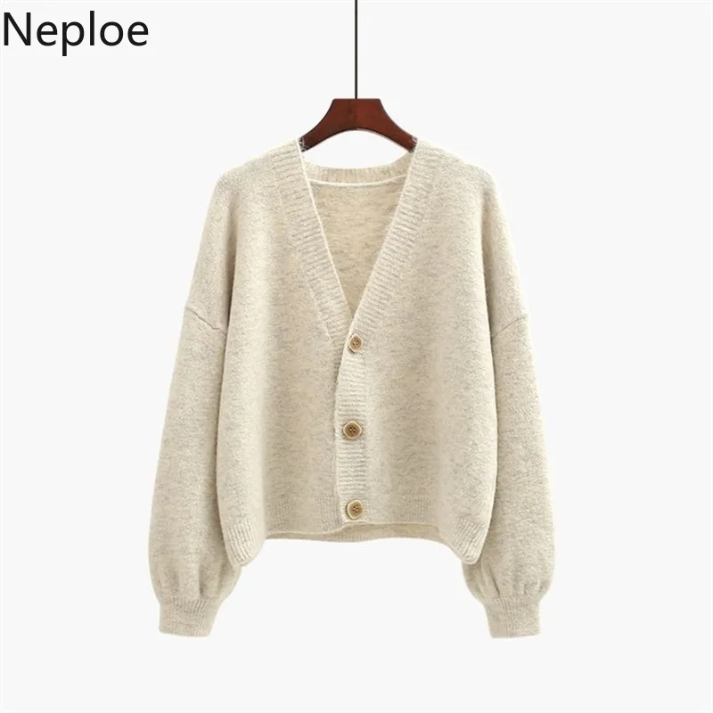 

Neploe Knitted Solid Women Sweater Summer 2019 New V-Neck Lantern Sleeve Tops Loose Single Breasted Female Sweater 45100