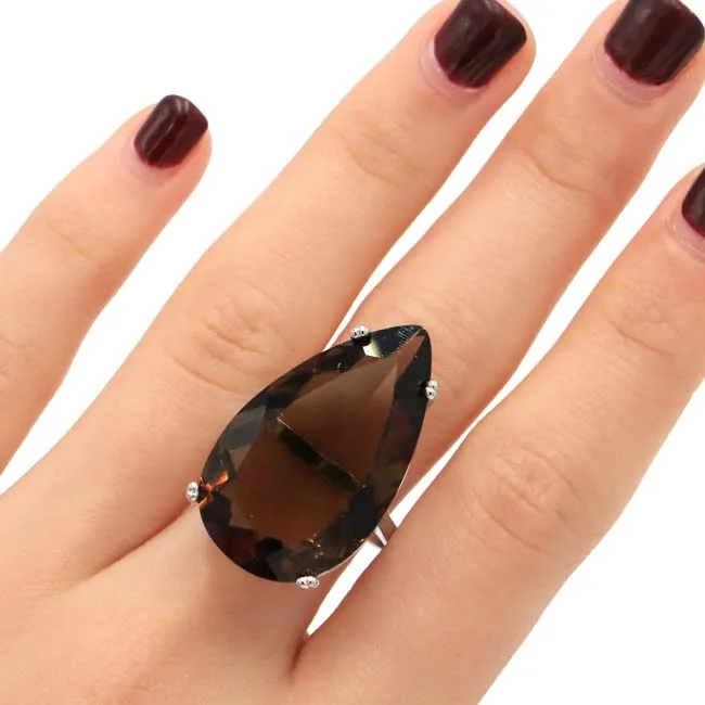 

US SZ 8.0# Big Drop Shape 9.9g Gemstone 30x20mm Smokey Topaz Woman's Engagement Silver Ring 30x18mm
