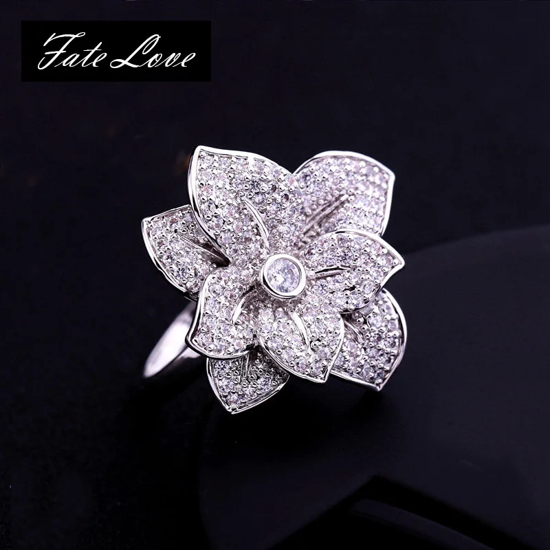 2018 Luxury Big Flower Rings For Women Micro Paved Cubic Zirconia Wedding Ring Silver Ladies Crystal Rings Valentine's Day Gift