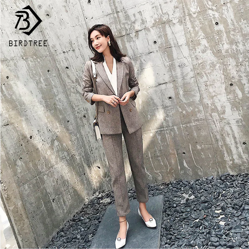 

Women's Solid Blazer Suits Long Sleeve Double Breasted Notched Top Zipper Pockets Pants Office Lady Korean Style S91509J
