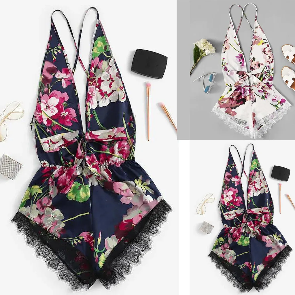 

ISHOWTIENDA Brand 2019 hot sales Sexy Lace Satin Floral Bow Backless Bodysuit Teddy Lingerie Pajamas Sleepwear high quality