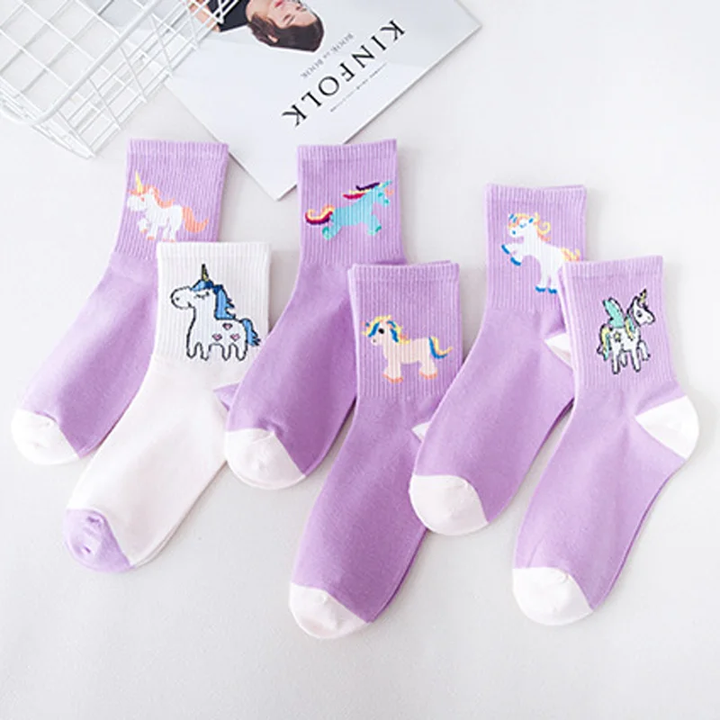 

Women unicorn socks purple pink animal cotton white socks cute novelty funny lovely socks crew socks soft horse pattern meias