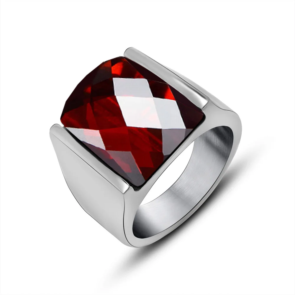 Red Black Crystal Large Men Rings Jewelry Vintage Stainless Steel Solitaire Big Ring for