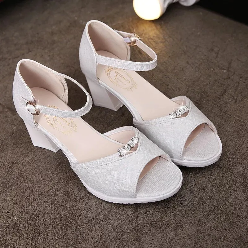 

Vogue New Summer Peep Toe Ankle Straps White Pink Sweet Thick High Heel Sandals Platform Lady Women Shoes