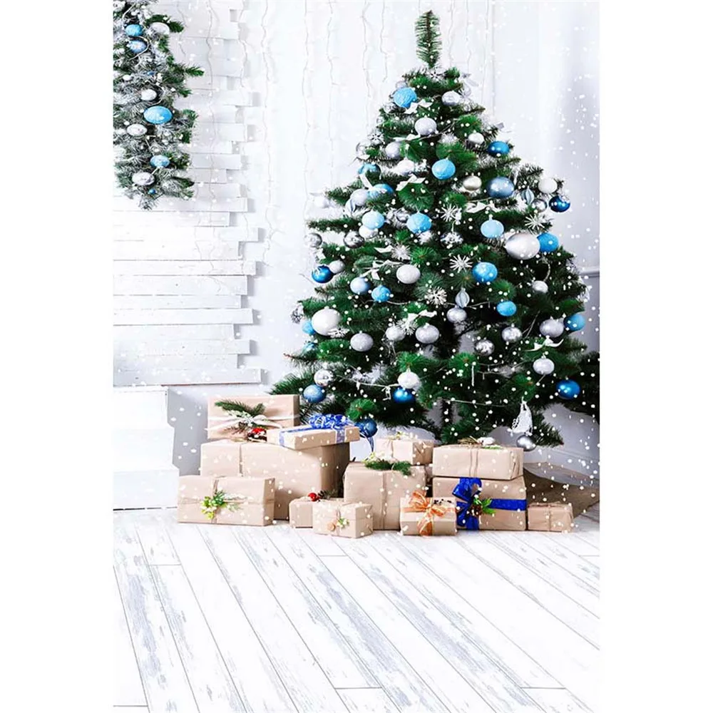 

Indoor Xmas Party Background Printed Gift Boxes Silver Blue Balls Decorated Christmas Tree Baby Kids Photo Backdrop Wood Floor