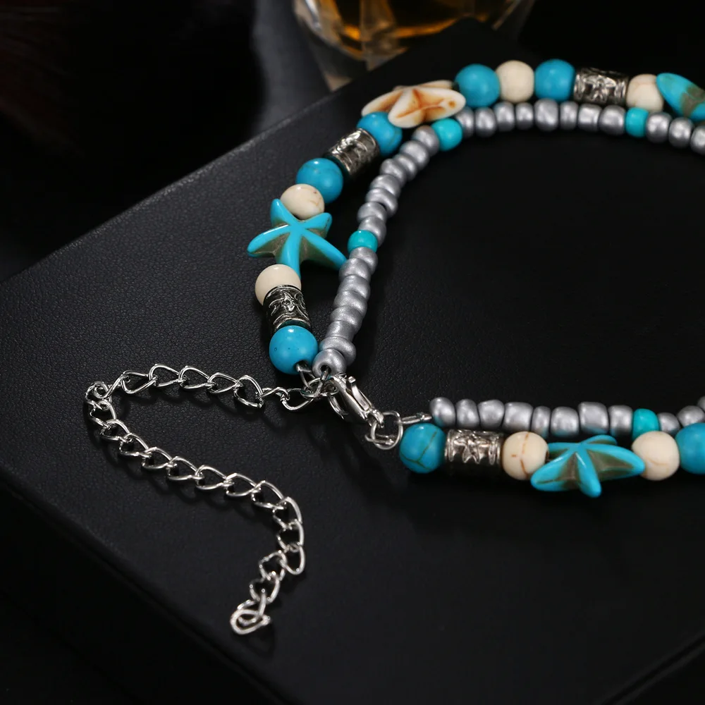 Bohemian Multiple Layers Starfish Shell Anklets For Women Vintage Boho Beads Chain Anklet Bracelet Beach Jewelry