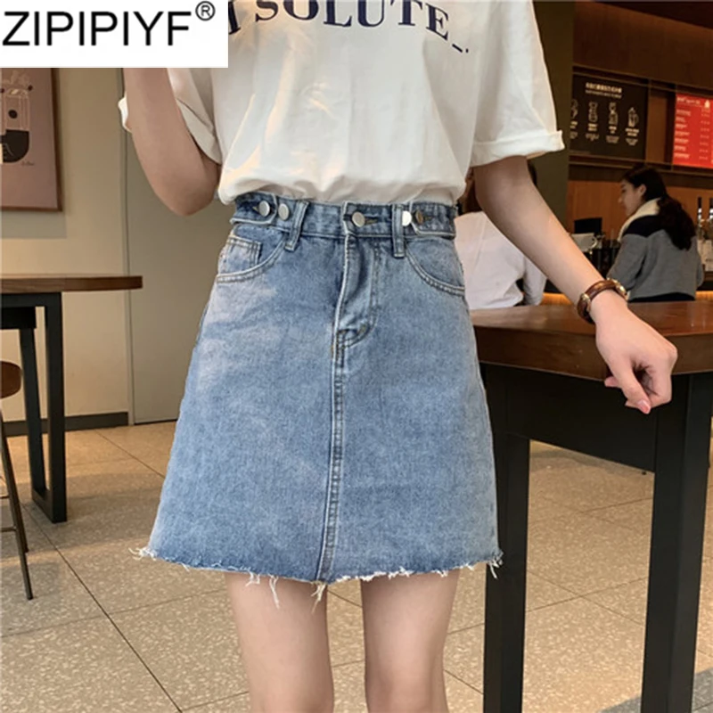 Q685 Jean Bolsillos Cintura Mujeres Denim Llegada De Faldas 2019 Nueva Estilo Mini Azul Línea Falda Botón Alta Casual Verano OU16xnEqOw