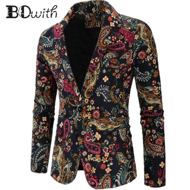 

2019 Newest Arrival Flower Men Blazer Jacket Printed Casual Long Sleeve Notched Collar Men Coat for Party Groom Holiday