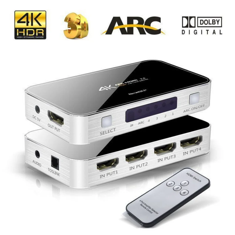 

HDMI 2.0 Switch 4 Port HDMI Splitter Switch Box 4x1 Supports 4K 60Hz Full 1080P and 3D with IR Wireless Remote
