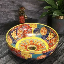 Estilo antiguo, Europeo fregadero, lavamanos de encimera hecha a mano de la cuenca del buque se hunde pintado oval de cerámica antiguo lavabo en el cuarto de baño