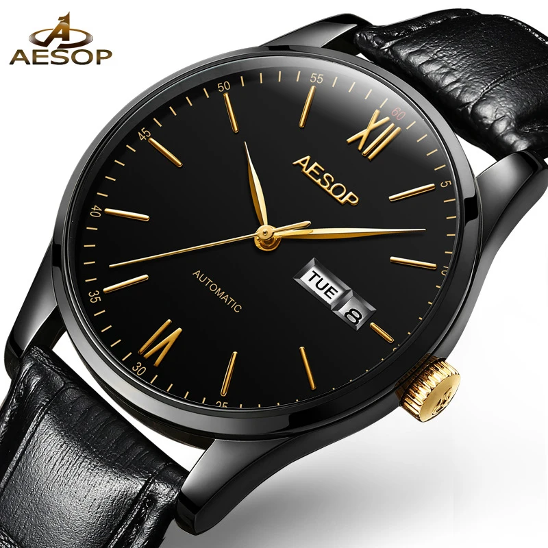 

AESOP Simple Watch Men Automatic Mechanical Minimalist Thin Black Wrist Wristwatch Leather Band Male Clock Relogio Masculino