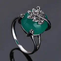 Новые модные украшения уникальный дизайн античный посеребренный листья кольцо высокого качества старинный зеленый камень кольцо для