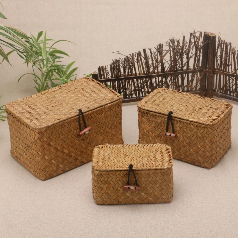 Rattan Weave Storage Box With Lid For Bulk Products Sundries Organizer Seaweed Vintage Straw Basket Container Jewelry Wicker