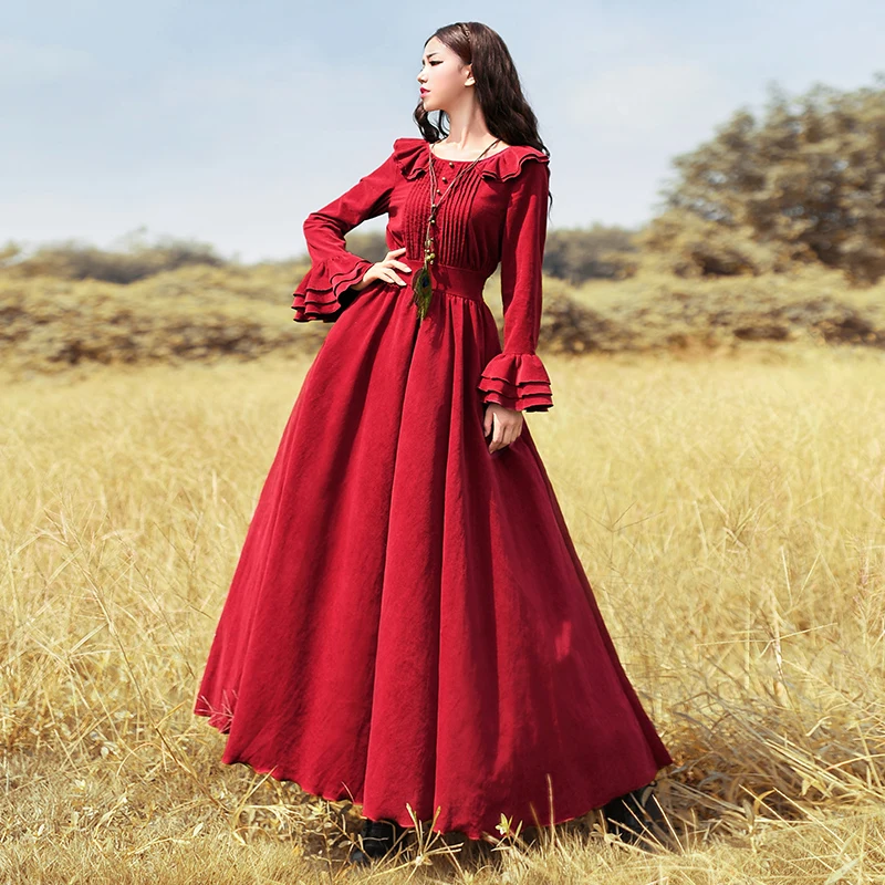 

[ LYNETTE'S CHINOISERIE - BOSHOW ] 2016 winter women's royal wind corduroy ruffle collar slim one-piece dress victoria