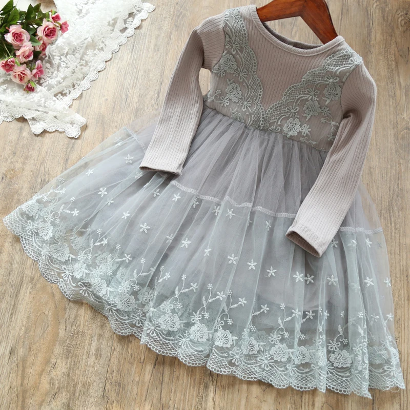 

Gray Cotton Long Sleeve Girl Dress Lace Autumn Ball Gown for Kids Party Floral Embroidery Winter Dresses for Girls Size 3-8yrs