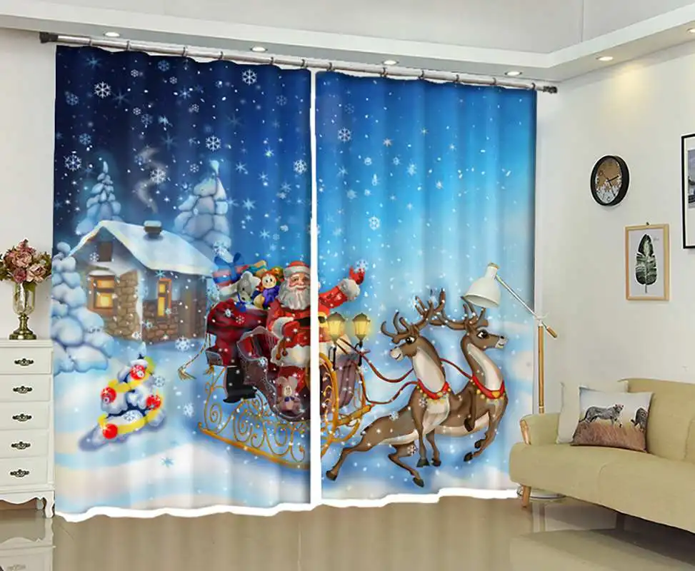 Christmas Cartoon New Curtain Snow Scene Christmas Tree Balls Christmas