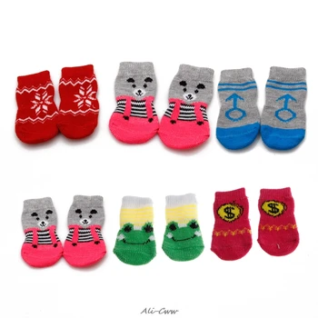 

4 Feet Puppy Dog Socks Shoes Pet indoor Soft Warm Clothes Cotton Anti-slip Anti-Skid Boot Booties Knit Socks Cute Cartoon