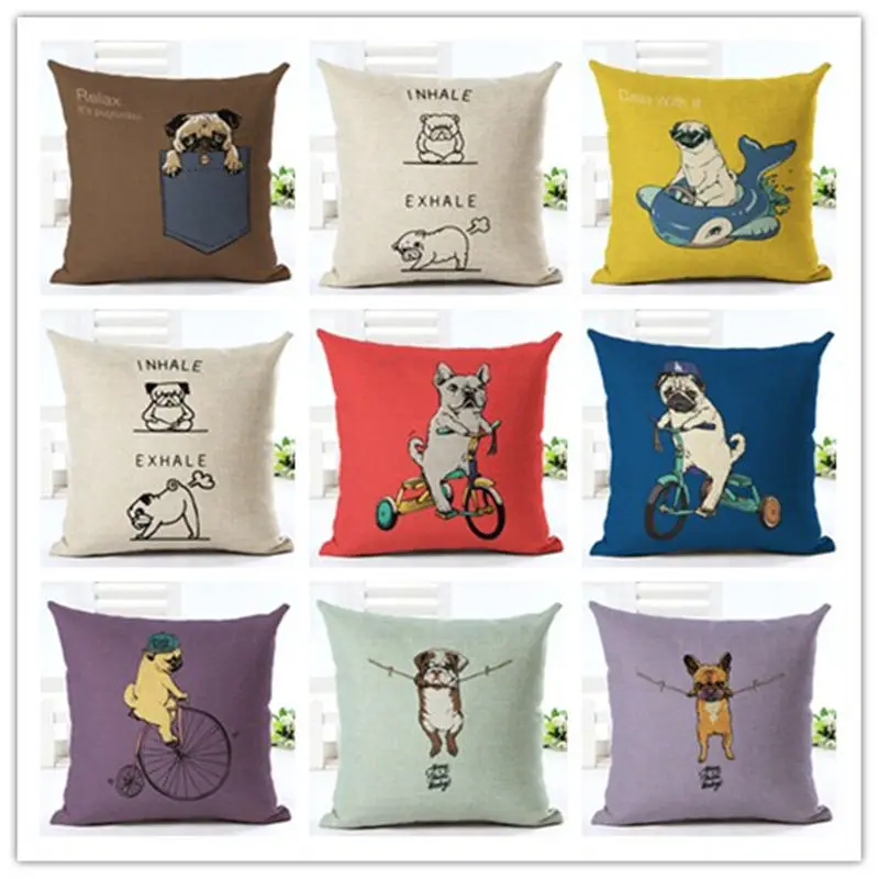 

Fashion Digital Printing Cushion Cover Cartoon Funny Pugs Pattern Throw Pillowcase Home Decorative Cotton Linen Cojines